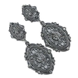 Venetian Style Silver Clip Drop Earring with Rhinestones